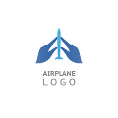 Airplane with hands silhouette logo. Travel logotype.