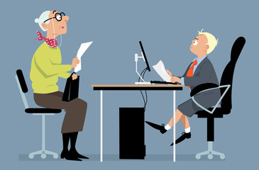 Obraz premium Elderly woman having a job interview with a hiring manager, looking like a little boy, EPS 8 vector illustration, no transparencies