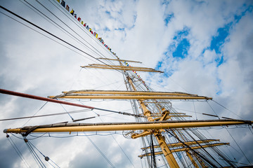Detail of a sailboat rigging.  Mast on traditional sailboats. Ma