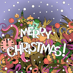 Cartoon vector doodles hand drawn Merry Christmas illustration.