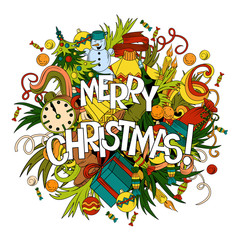 Cartoon vector doodles hand drawn Merry Christmas illustration.