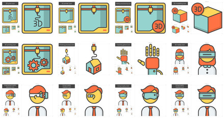 Virtual reality and 3D technology line icon set.