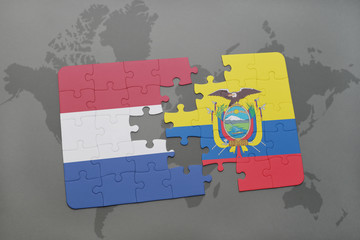 puzzle with the national flag of netherlands and ecuador on a world map background.