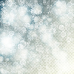 Flying out of focus light with bokeh and stars on blurred transparent background. Vector defocused illustration