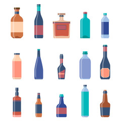 Different bottles collections. Beer vintage background. Liquor bottles, alcoholic drinks, vodka bottle, beer bottle. Vector