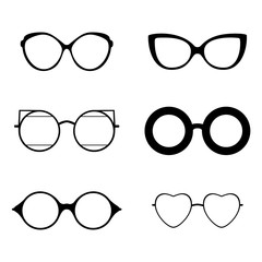 Retro collection of 6 various glasses. Sunglasses black silhouettes. Eye glasses set. Vector illustration