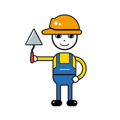 Builder handyman character in a safety helmet holding a trowel tool, vector icon isolated.