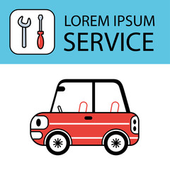 Red car and a repair service tools sign icon, wrench and screwdriver, vector illustration.