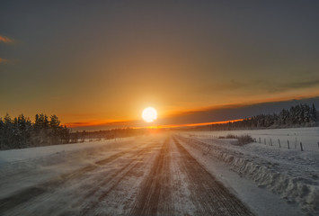 Sunset over road, Lapland Finland