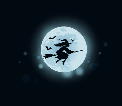 Old witch flying on broomstick at midnight. Vector illustration