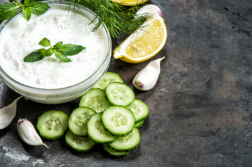 Tzatziki sauce with ingredients Healthy food