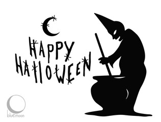 happy halloween sign with witch and cauldron black and white vector illustration