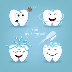 Teeth set. Dental collection for design. Icons. Vector illustration. Dark background. For pediatric dentistry.