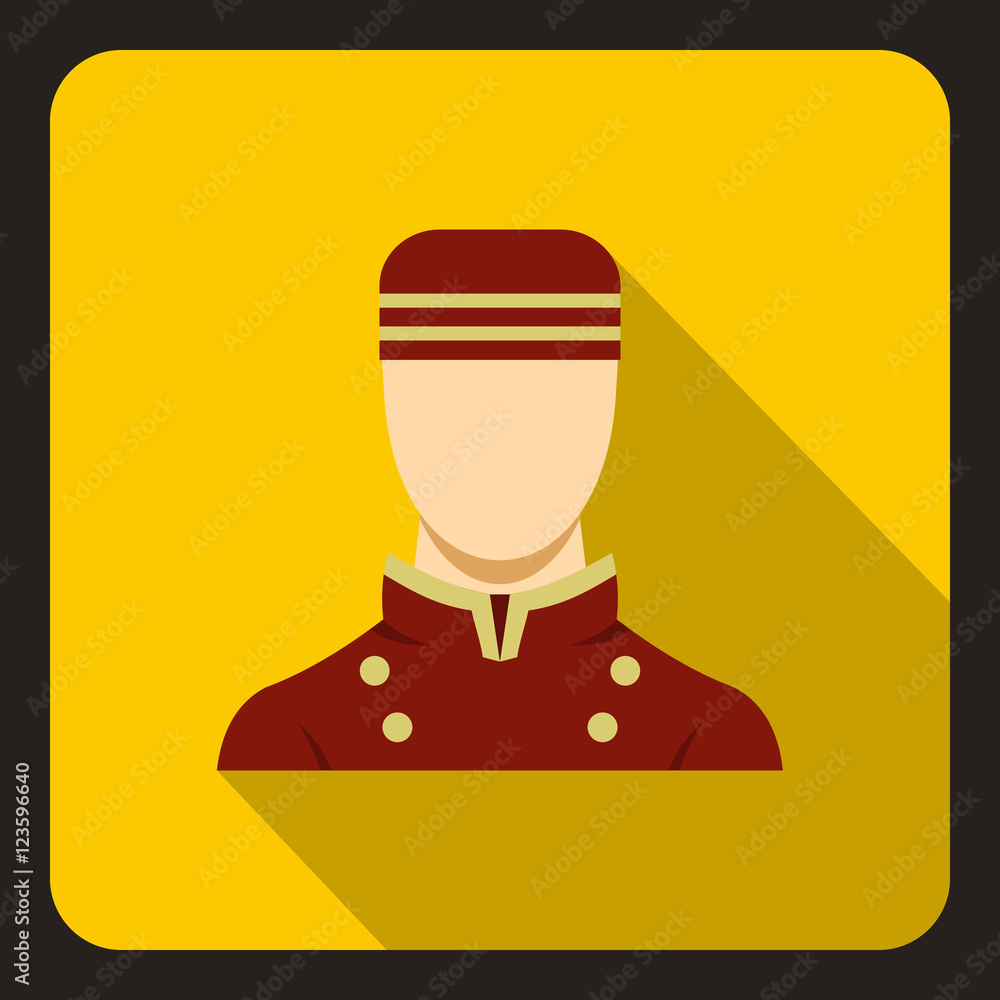 Poster doorman in red uniform icon. flat illustration of doorman vector icon for web