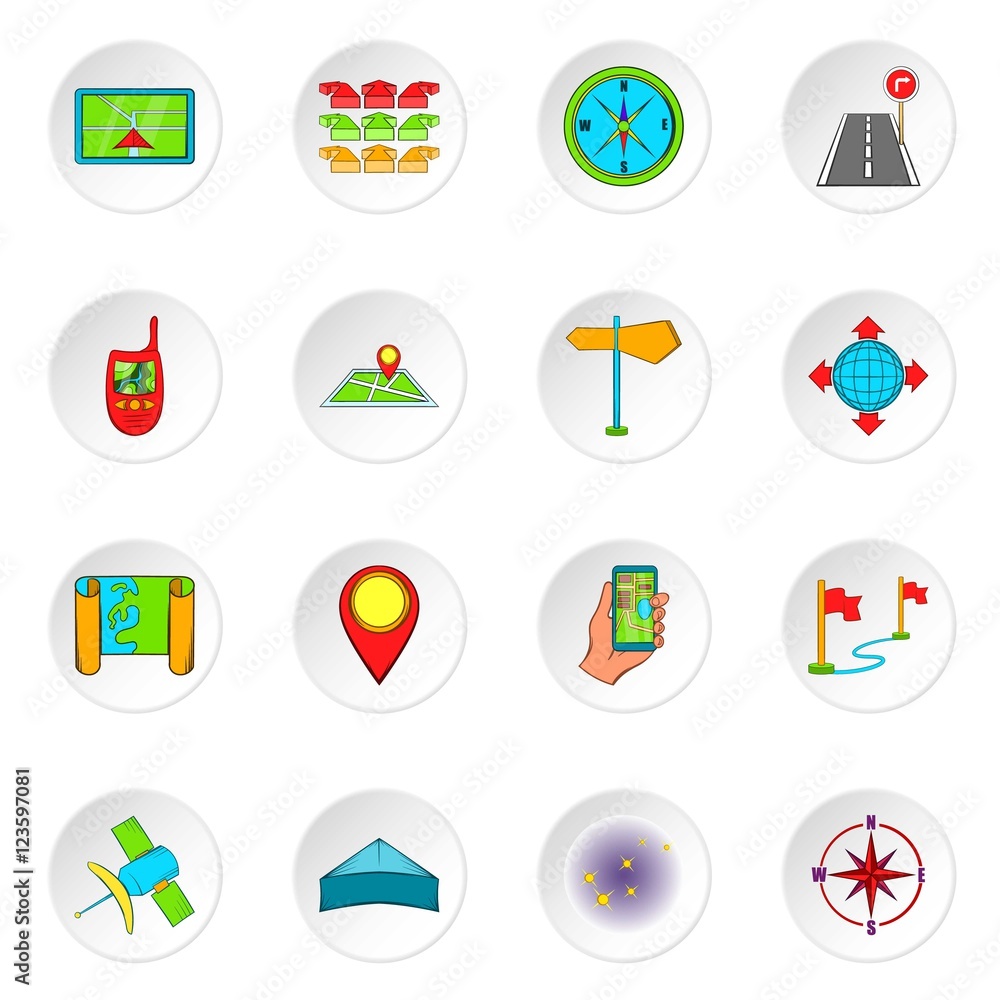 Aufkleber navigation icons set. cartoon illustration of 16 navigation vector icons for web