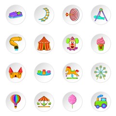Amusement park icons set. Cartoon illustration of 16 amusement park vector icons for web