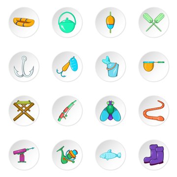 Fishing icons set. Cartoon illustration of 16 fishing vector icons for web