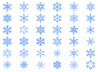Big set of 36 blue snowflakes