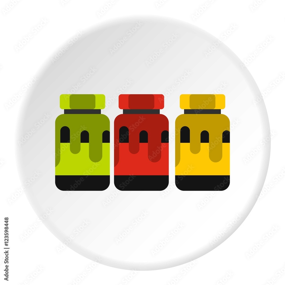 Poster three color gouache in jar icon. flat illustration of three color gouache in jar vector icon for web