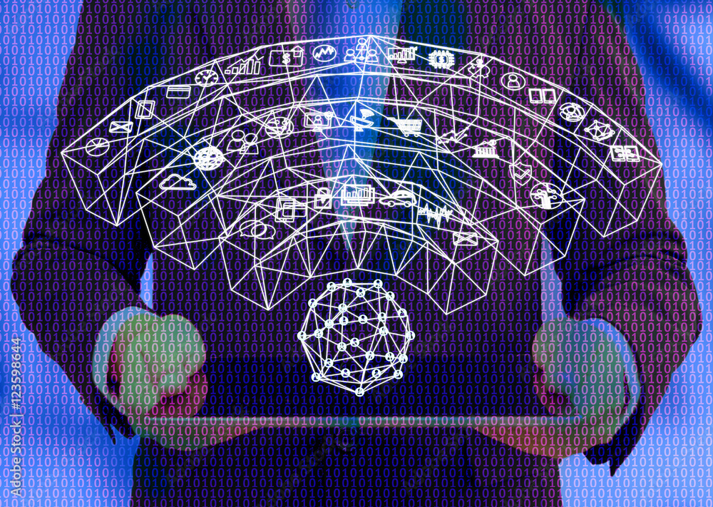 Poster internet of things (iot) and fintech concept . wifi icon man suit holding tablet with abstract binar
