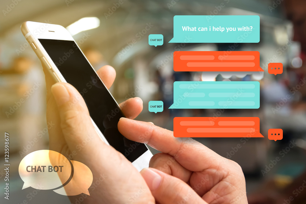 Poster chat bot and future marketing concept , chatbot icon , hand holding mobile phone with automatic chat
