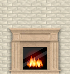 Realistic Marble Fireplace with Fire in Interior, Brick Wall