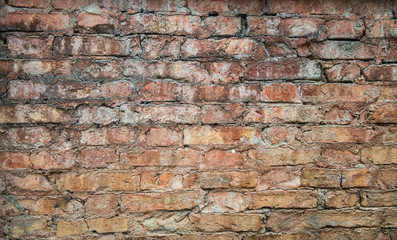 Old weathered red Brick wall. Vintage texture Background.