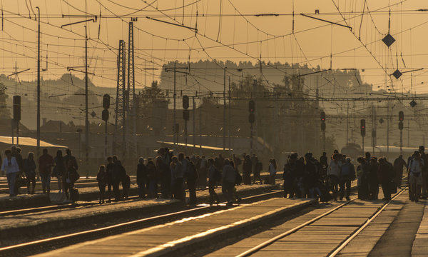Sunrise on railway in station