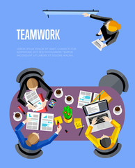 Top view teamwork business banner, vector illustration. Businesswoman making presentation near whiteboard on blue background. Board meeting in office. Collaboration and partnership concept