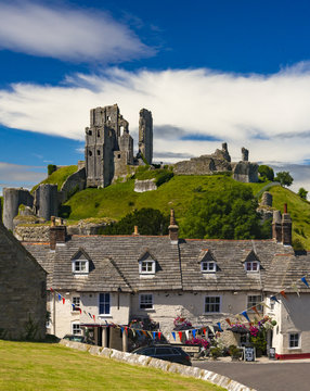 Bright blue skies over Purbeck Hills above Corfe Castle