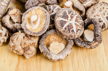 Shiitake mushroom on wooden background.