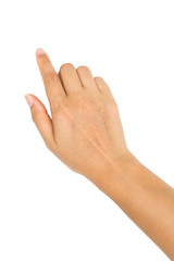 isolated female hand touching or pointing to something.Clipping path included