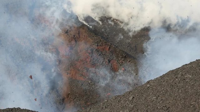 Beautiful volcanic landscape of Kamchatka Peninsula: Eruption active Tolbachik Volcano - emission from the crater: lava, gas, steam, ash and volcanic tremor, earthquake. Russia, Far East, Kamchatka.