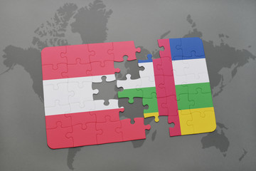 puzzle with the national flag of austria and central african republic on a world map background.