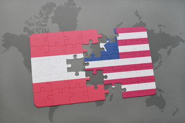 puzzle with the national flag of austria and liberia on a world map background.