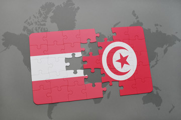 puzzle with the national flag of austria and tunisia on a world map background.