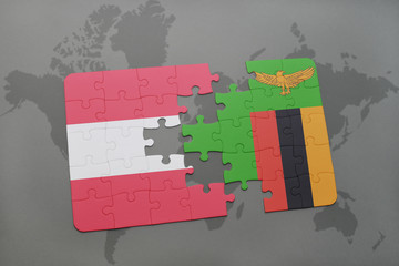 puzzle with the national flag of austria and zambia on a world map background.