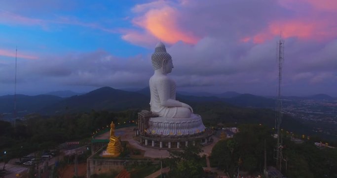 aerial photography big Buddha at sweet sunset time