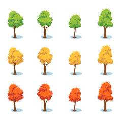 набор упрощенных изображений осенних и летних лиственных деревьев с зелеными, желтыми и красными листьями
