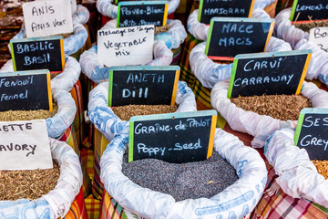 Spice Market in Guadalupe, Eastern Caribbean. Outdoor spice vendor at a local market