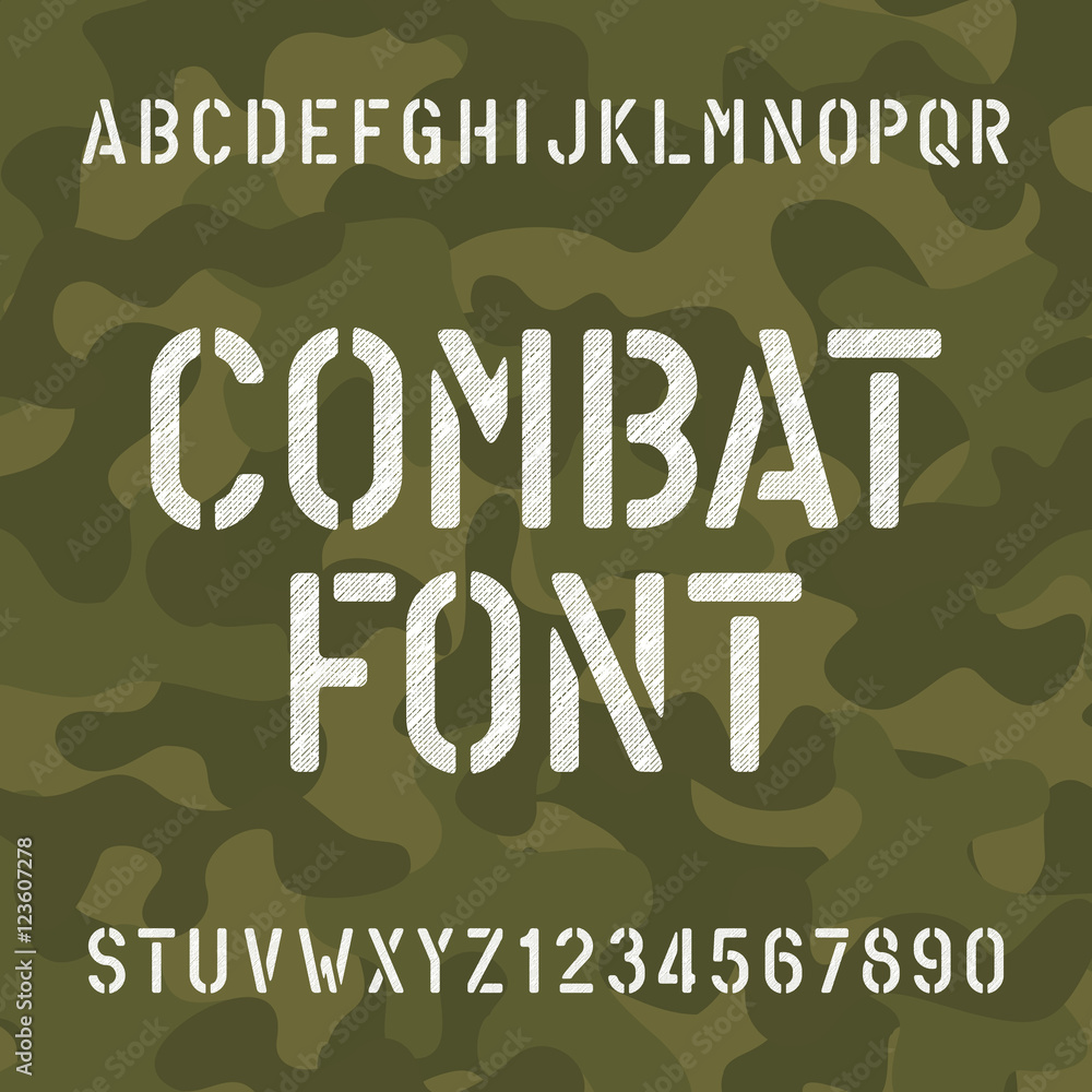 Poster combat alphabet font. scratched type letters and numbers on camo background. vector typography for y
