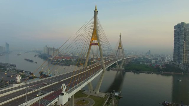 aerial view of bhumiphol bridge crossing chaopraya river bangkok thailand