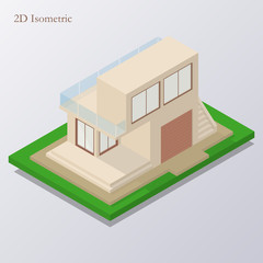 Isometric high tech house isolated on blue background. Vector illustration.