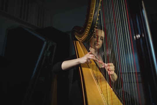 Woman playing a harp in music school