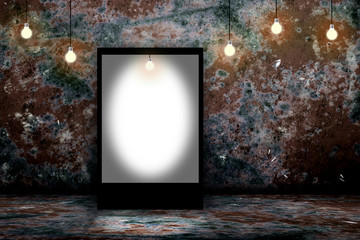 Blank billboard in empty dark room
