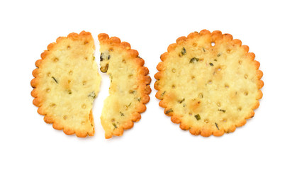 top view broken and intact crispy crackers on a white background