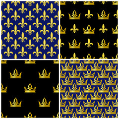 Golden crowns and fleur de lis seamless patterns set © MicroOne