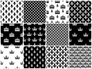 Vector crowns and fleur de lis seamless patterns set in black - obrazy, fototapety, plakaty