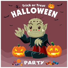 Vintage Halloween poster design with vector monster character.