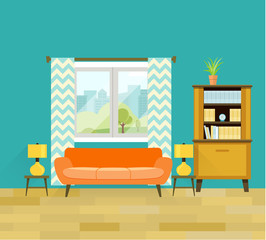 Retro living room with furniture. Cozy interior with sofa and bookcase. Flat vector illustration.